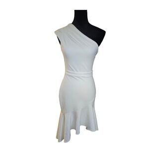 Xscape White One Shoulder Asymmetrical Hem Ruffle Cocktail Dress